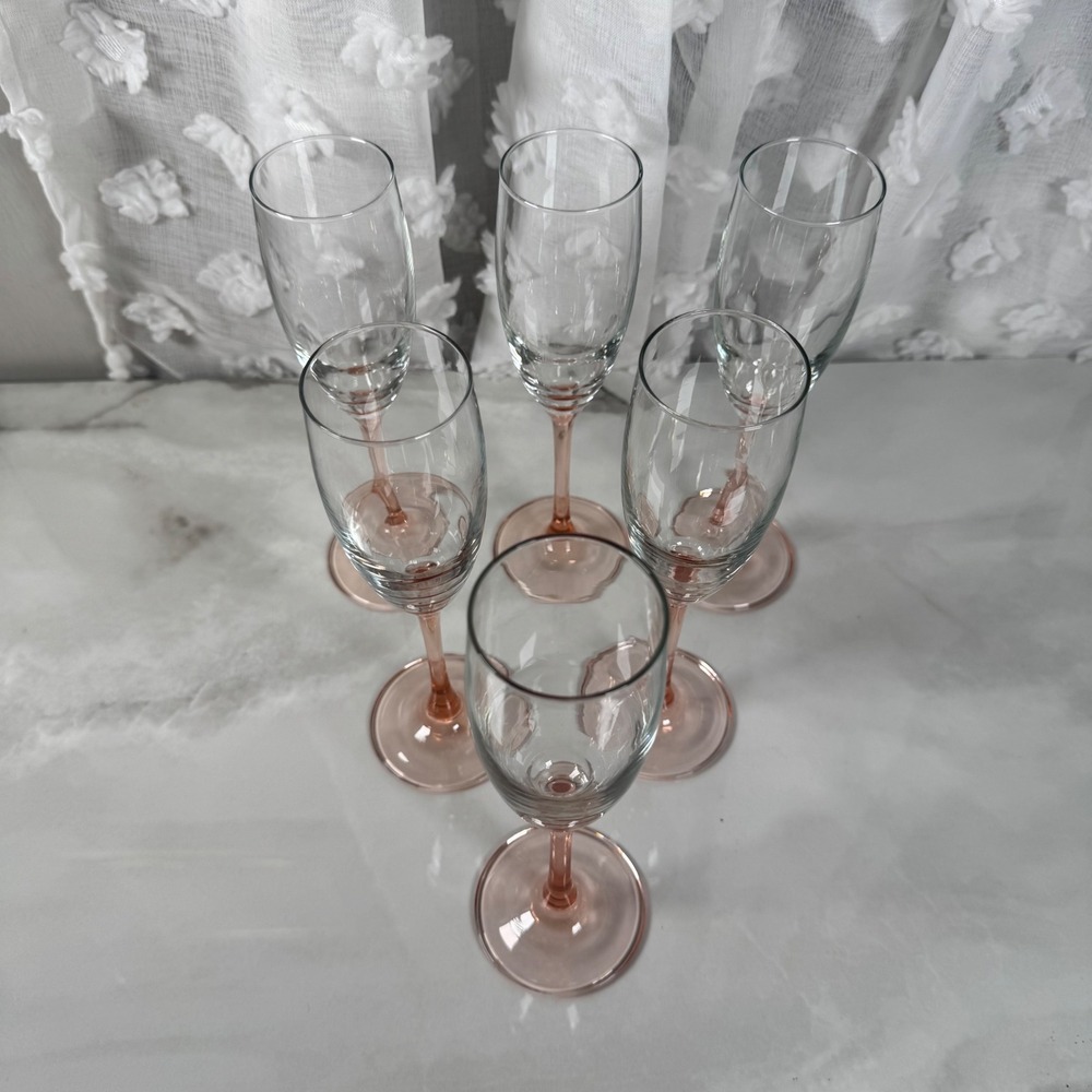 Vintage Luminarc France‎ Pink Stem Champagne Flutes Set of 6 Stemware Home Bar